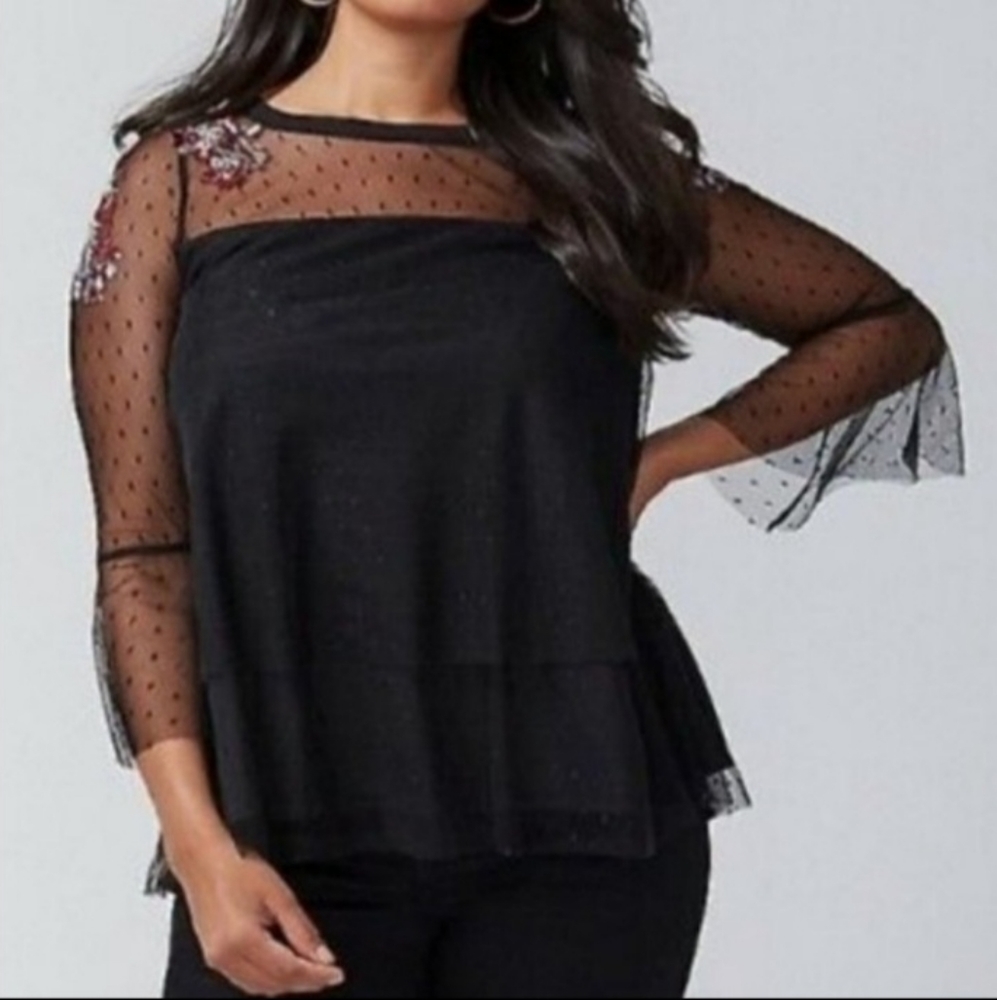 Black Swiss dot embroidered top